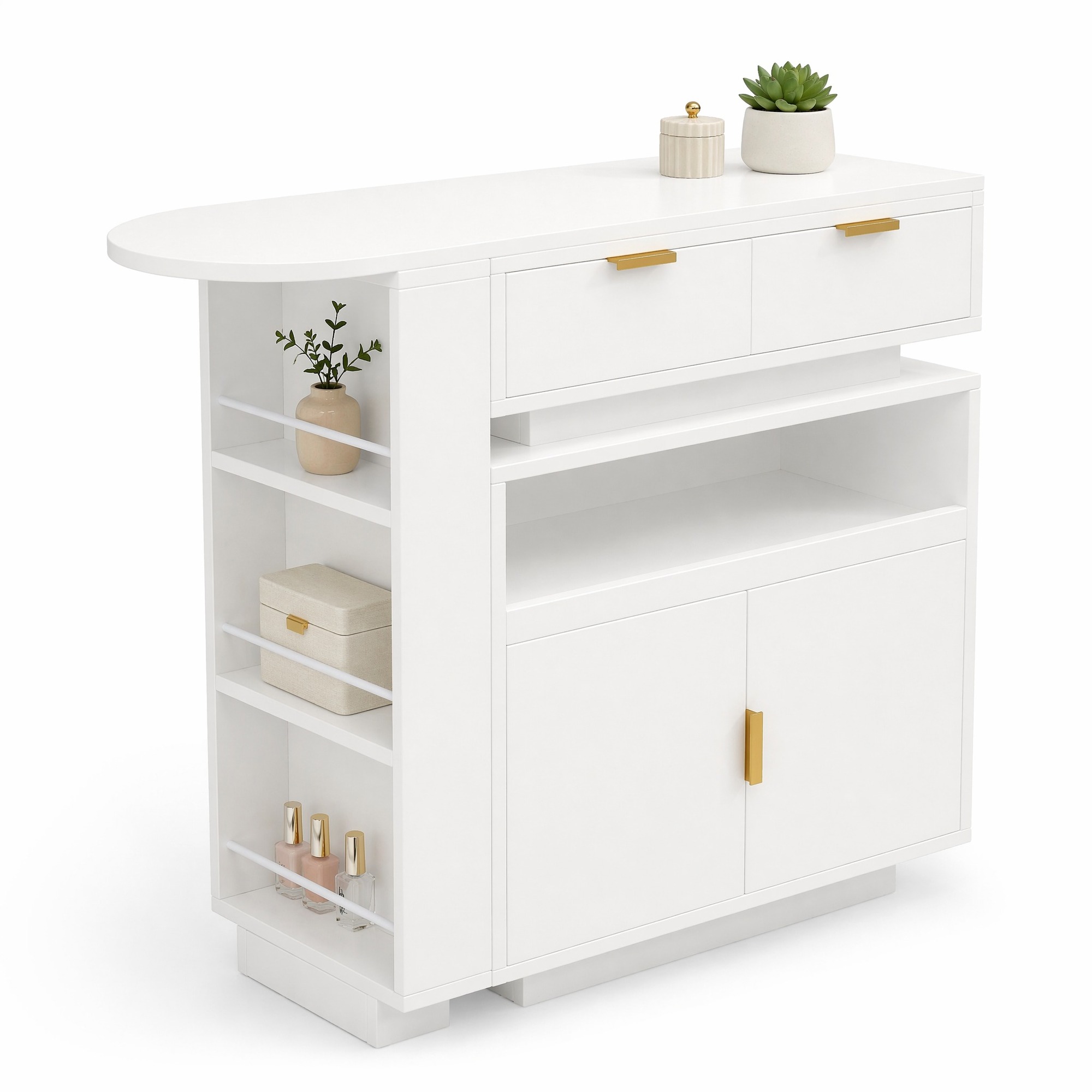 Ausziehbarer Bartisch Mit Stauraum, Verstellbaren Böden Und Led, Drehplatte, Mdf, 115-183 X 40 X 99.5 Cm, Weiß