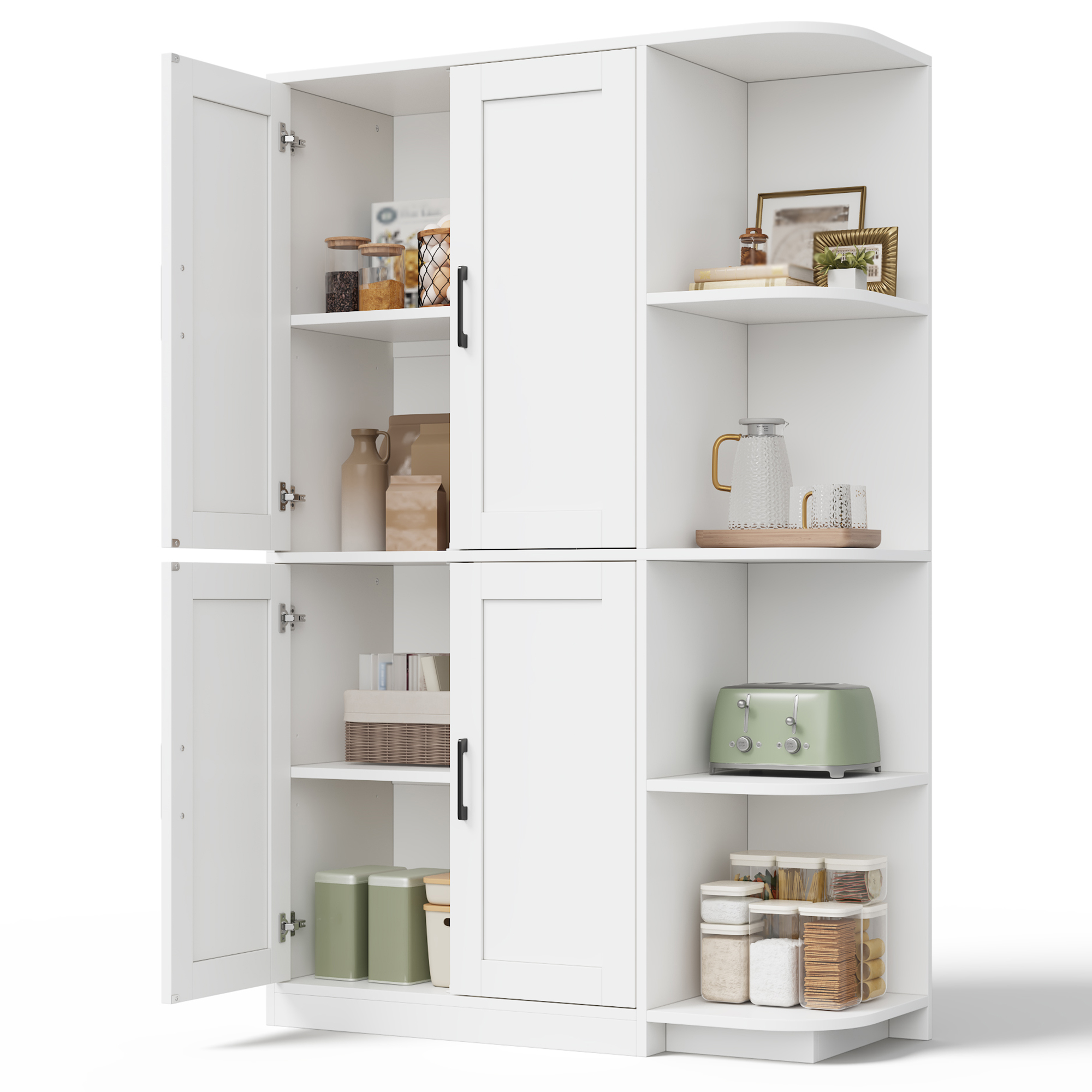 Hoher Küchenschrank Mit 4 Türen, 4 Offenen Fächern Und Verstellbaren Einlegeböden, Aus Mdf, Weiß, 103 X 40 X 163 Cm