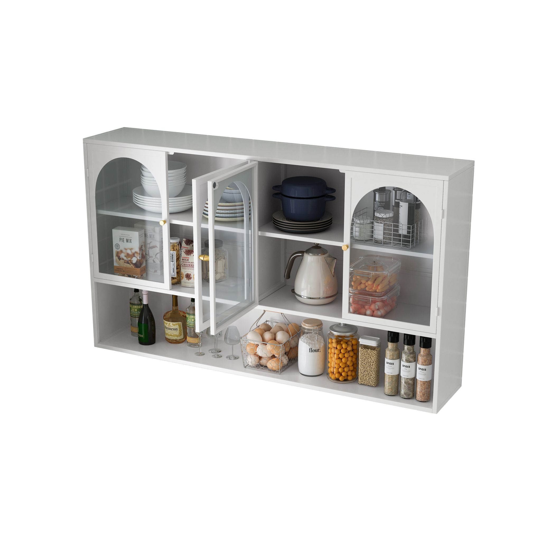 Wandhängender Aufbewahrungsschrank Mit 4 Türen Aus Grauem Glas Für Küche Und Wohnzimmer, Metall, 120 X 23 X 70 Cm, Weiß