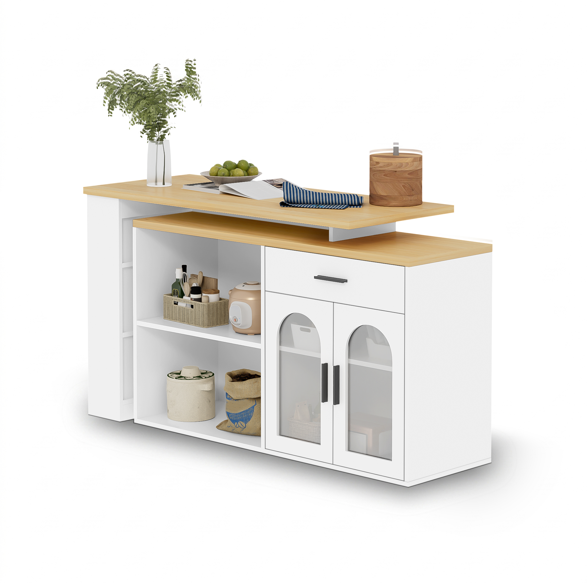 Kücheninsel Mit 360 Grad Drehbarer Tischplatte, 1 Schublade Und Verstellbaren Böden, Mdf, 136 X 50 X 78 Cm, Weiß