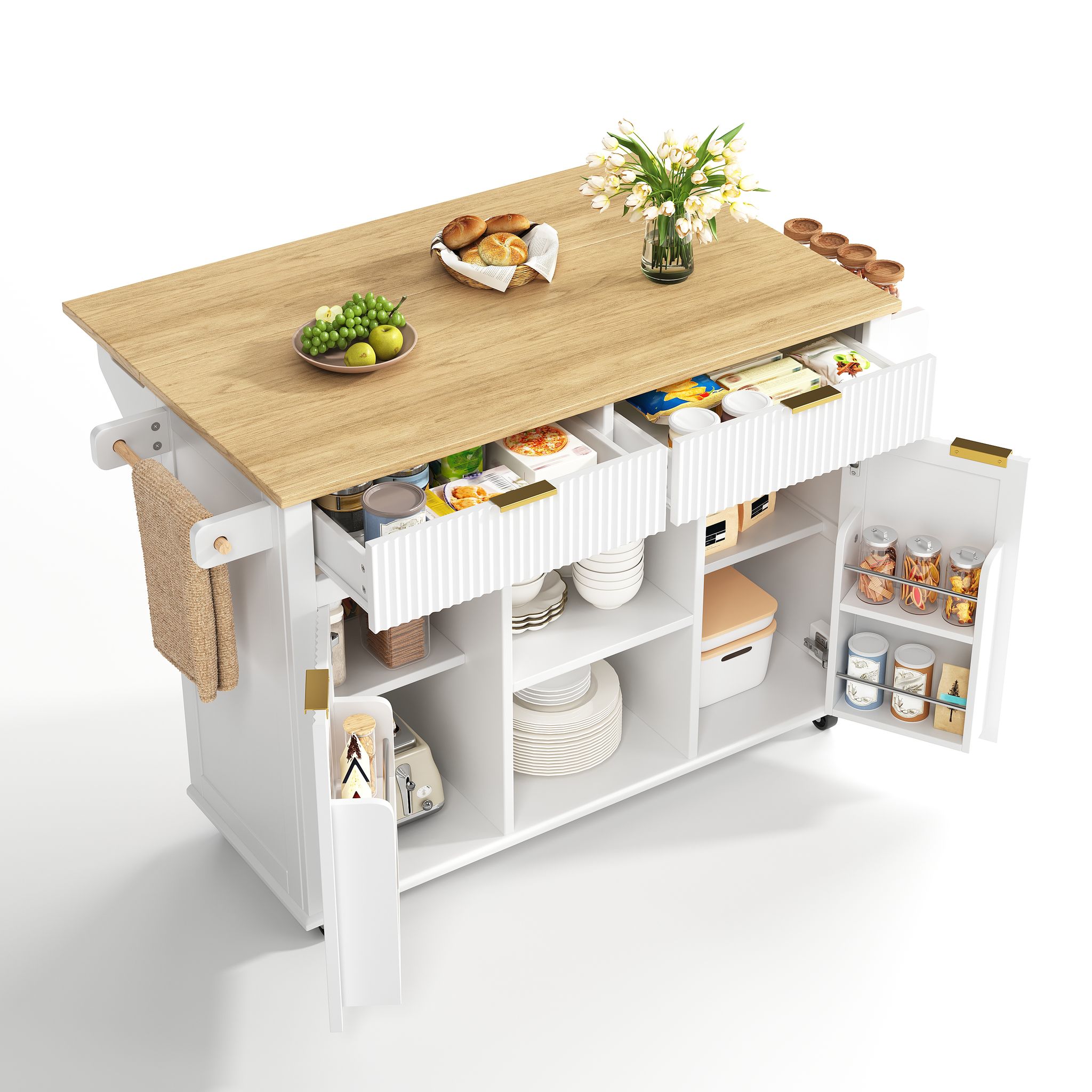 Küchenwagen Mit Rollen Mit 2 Schubladen, 2 Türen Und Klappbarer Arbeitsplatte, Mdf Weiß Natur, 143 X 45 X 89.5 Cm