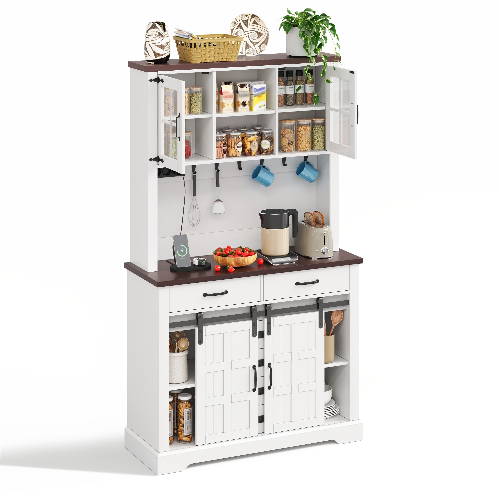 Küchenschrank Mit 6 Schubladen Und Glas Schiebetüren, Mehrfarbiger Led Und Steckdosen, Mdf Weiß, 108 X 40 X 180 Cm