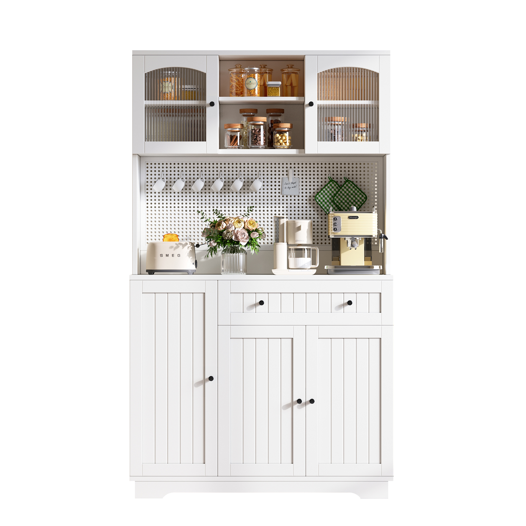 Küchenhochschrank Mit Vitrine, Schublade, Verstellbaren Einlegeböden Und Lochblech, Weiß 103.5 X 40 X 180 Cm