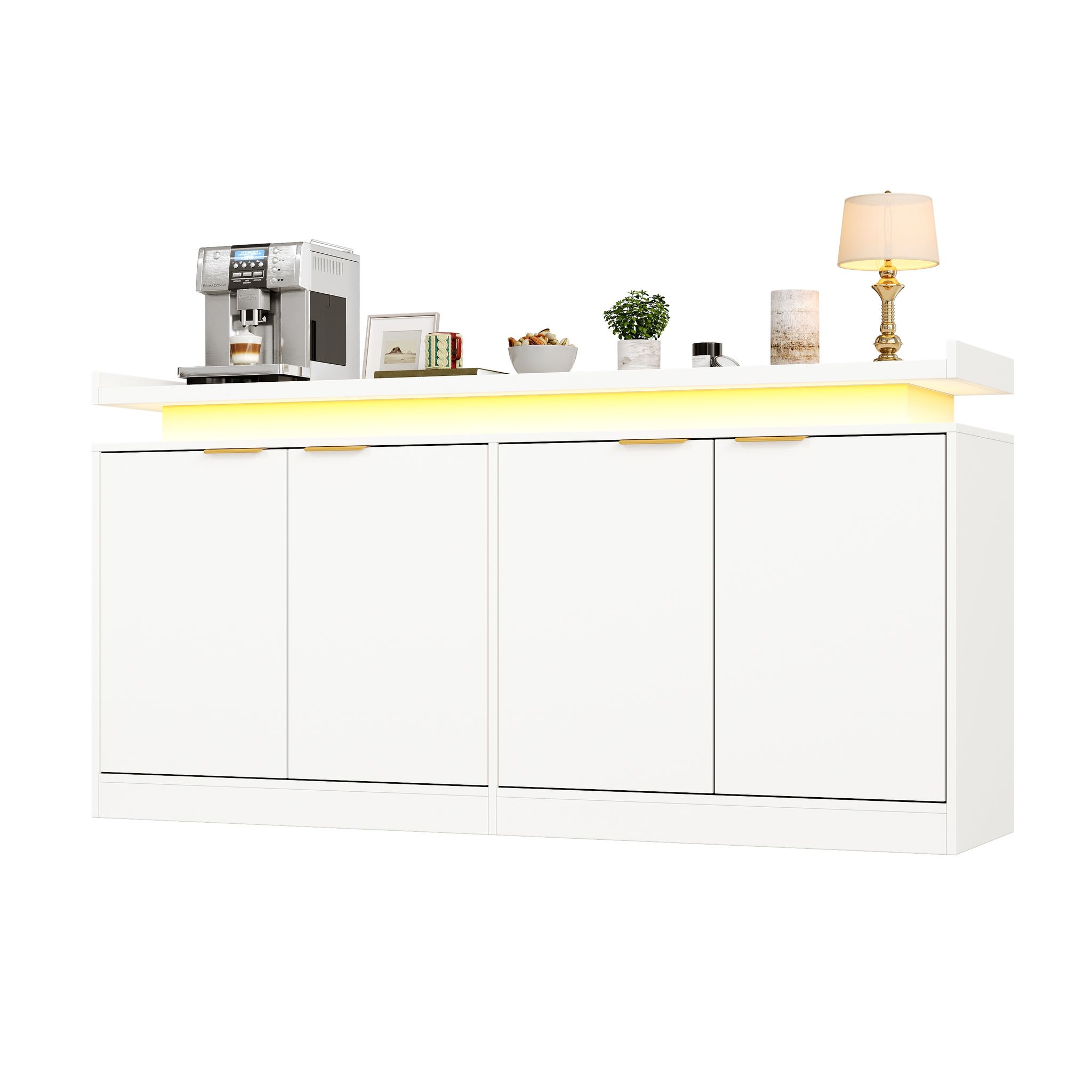 Küchensideboard Mit 4 Türen, Rgb-led Und Festen Einlegeböden Für Küche Und Wohnzimmer, Mdf Weiß, 160 X 39 X 83 Cm