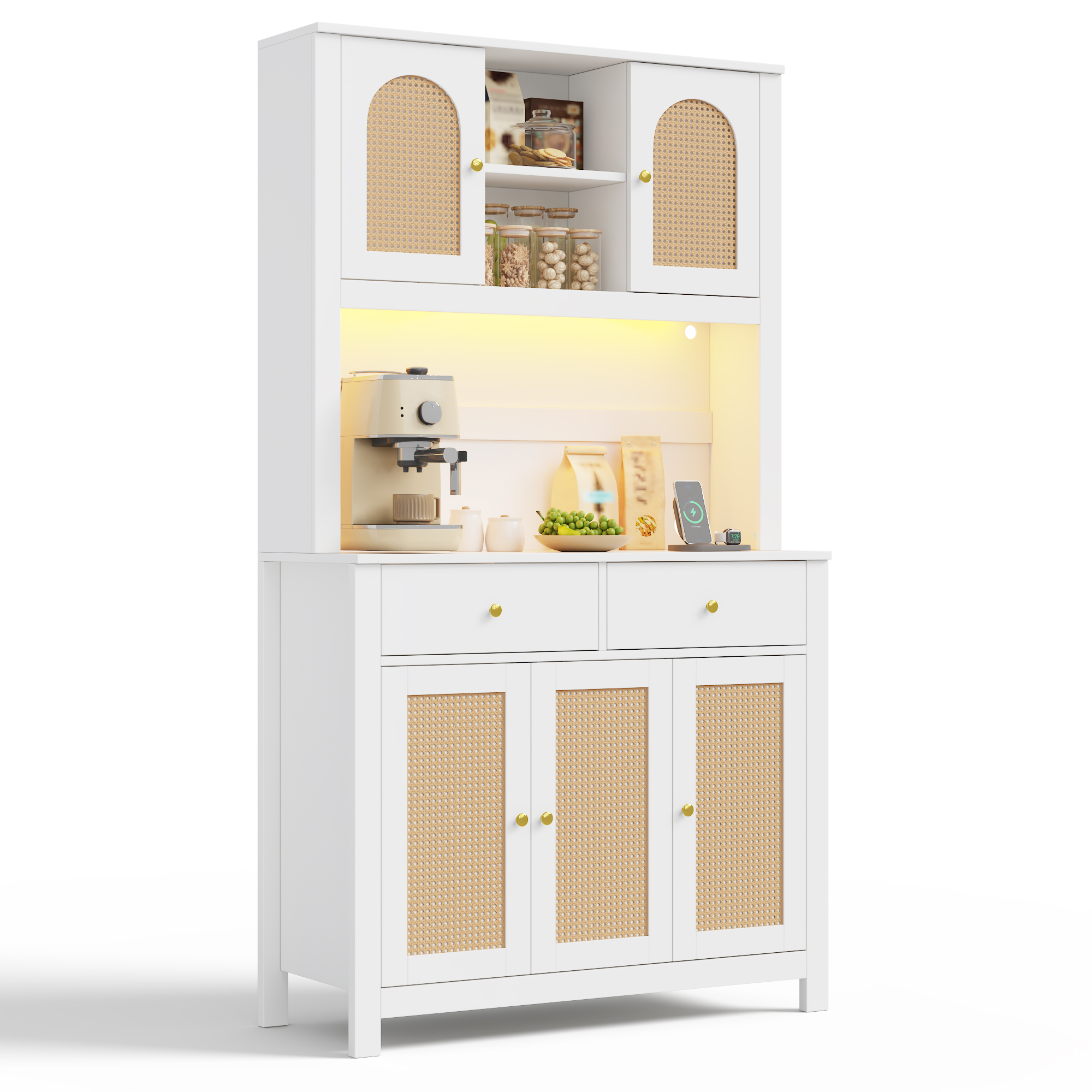 Küchenhochschrank Mit 5 Rattantüren, 2 Schubladen, Rgb-led Und Steckdosen, Aus Mdf, 100 X 40 X 180 Cm, Weiß