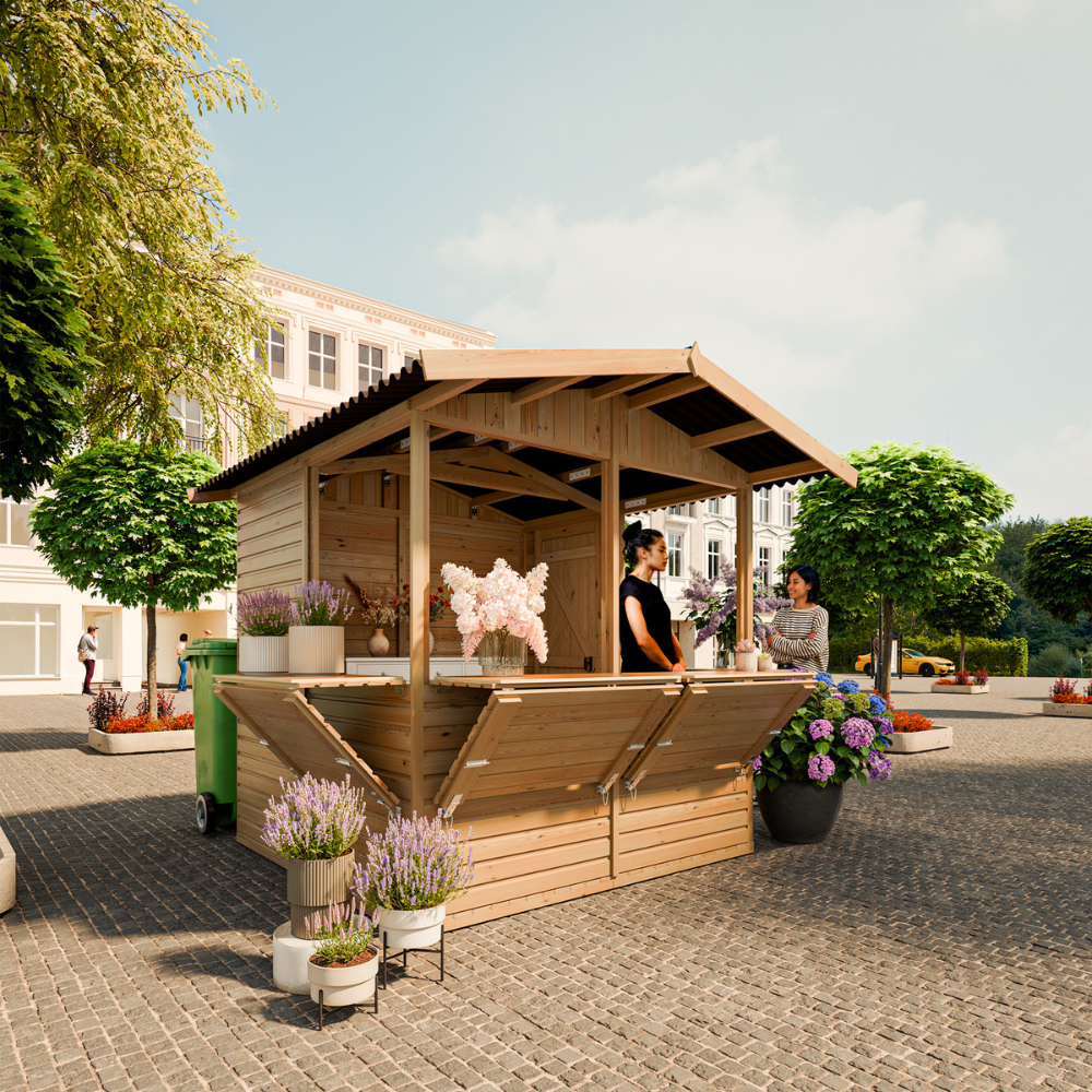 Timbela M149b Verkaufsstand Aus Holz 4 M², Zerlegbarer Holzverkaufsstand Mit 4 Verkaufsfenstern Für Märkte, Messen Und Verkauf