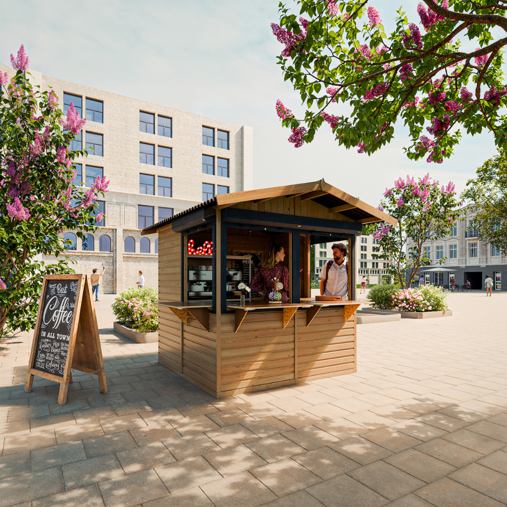 Timbela M149bz Verkaufsstand Aus Holz Mit Rollläden 4 M², Zerlegbarer Holzverkaufsstand Mit 4 Abschließbaren Rollläden Für Märkte Und Verkauf