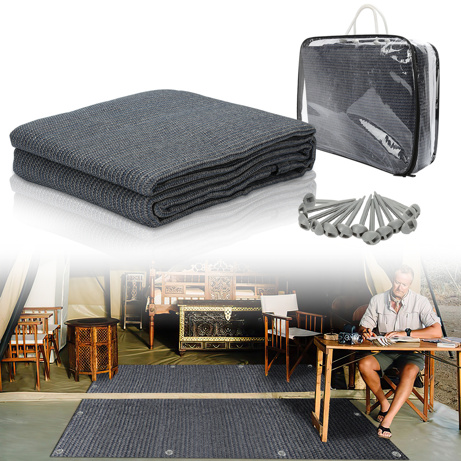 Tolletour Campingteppich Aus Hdpe, 240 G/m², Blaugrau - 300 X 500 Cm, 1 Teppich, Inkl. 13 Heringe, Uv-stabil, Beidseitig Nutzbar