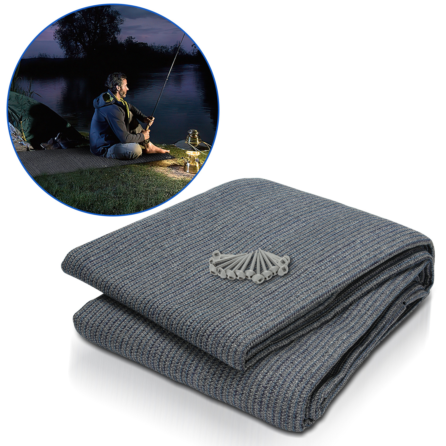 Tolletour Campingteppich Aus Hdpe, 240 G/m², Blaugrau - 400 X 400 Cm, 1 Teppich, Inkl. 13 Heringe, Uv-stabil, Beidseitig Nutzbar