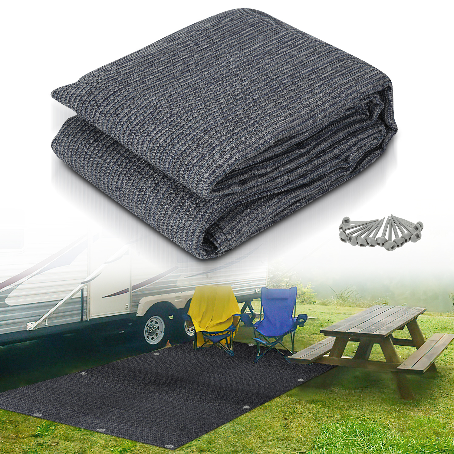 Tolletour Campingteppich Aus Hdpe, 240 G/m², Blaugrau - 250 X 500 Cm, 1 Teppich, Inkl. 13 Heringe, Uv-stabil, Beidseitig Nutzbar