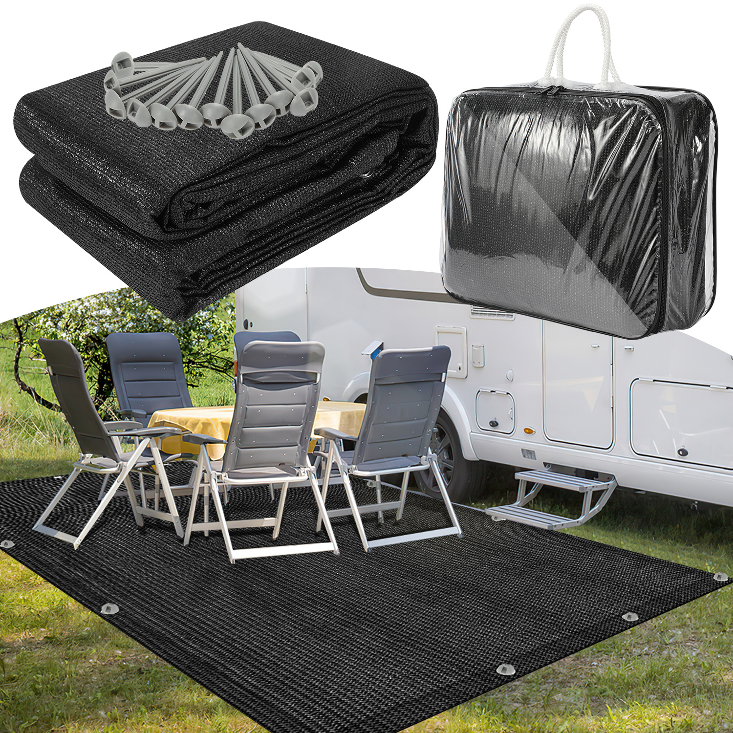 Tolletour Campingteppich Aus Hdpe, 240 G/m², Schwarz - 250 X 600 Cm, 1 Teppich, Inkl. 13 Heringe, Uv-stabil, Beidseitig Nutzbar