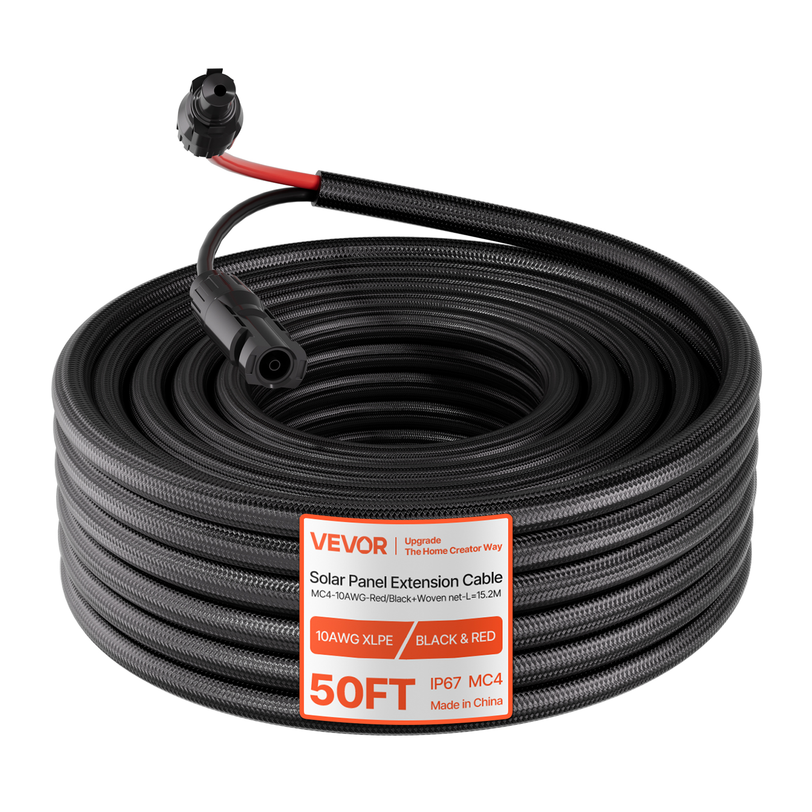 Vevor Solarkabel Verlängerung 15,2 M, 10 Awg, Solarverlängerungskabel Mit Flammhemmender Schutzhülle, Stecker & Buchsen, Ip67 Wasserdichtes Pv-kabel, Solarleitung Für Auto, Rv, Schwarz & Rot