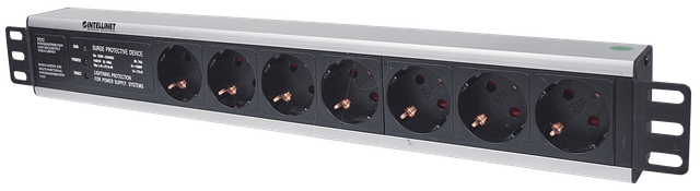 INTELLINET 48,3cm 19Zoll Steckdosenleiste 7-fach SCHUKO mit Ueberspannungsschutz 3m Stromkabel 1,5 H