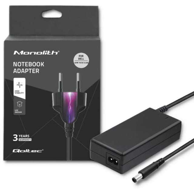 Qoltec Dell Laptop-Netzteil 65 W 19,5 V 3,34 A 7,4 x 5,0 + Pin + Stromkabel