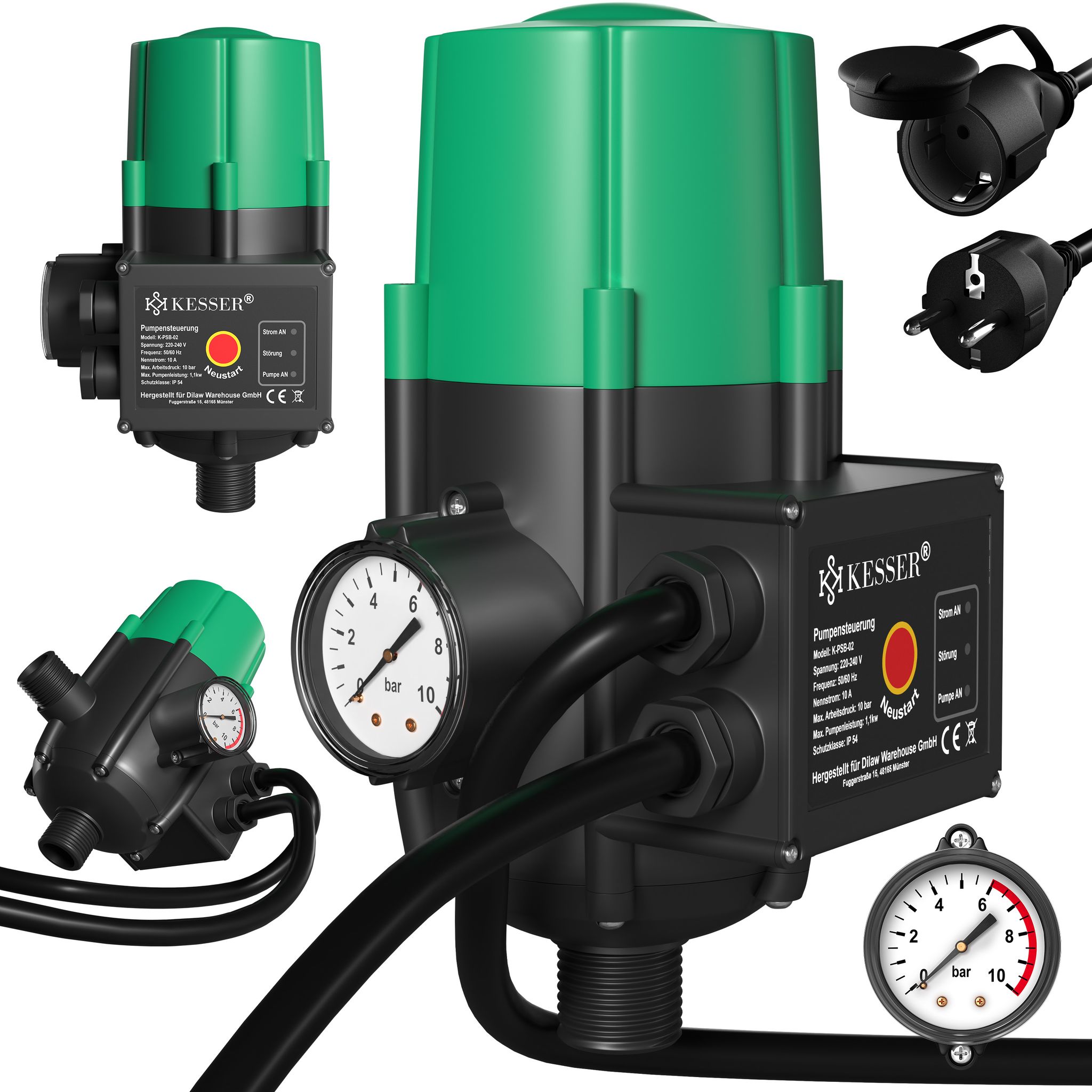Kesser® Pumpensteuerung Mit Baranzeige, 10 Bar - Mit Kabel - Grün / Schwarz
