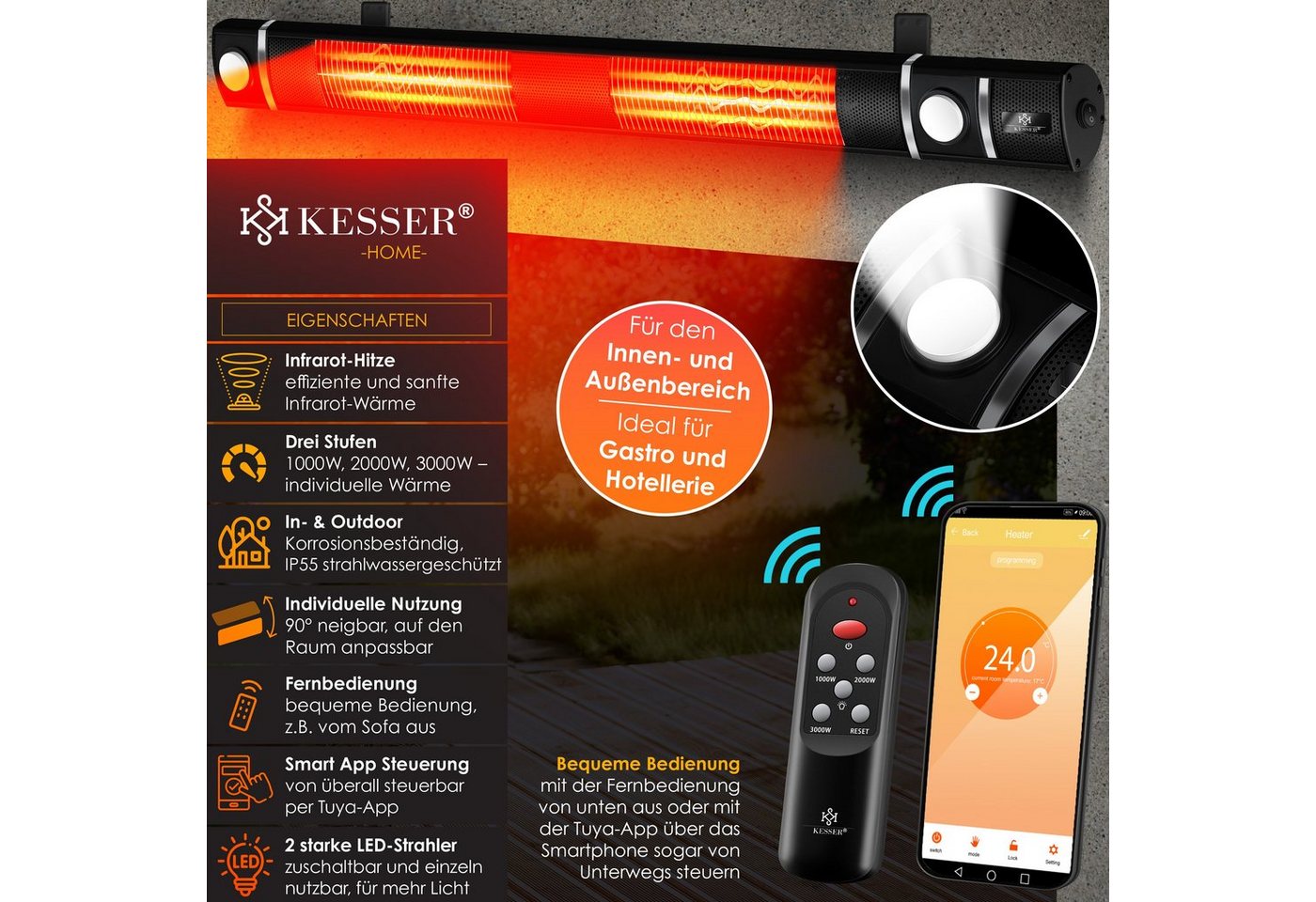 Kesser® Infrarot-heizstrahler 3000 W, Led, Wifi, Fernbedienung - Schwarz