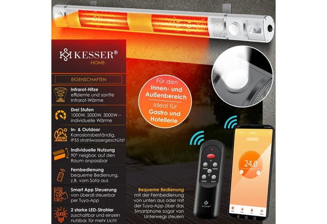 Kesser® Infrarot-heizstrahler 3000 W, Led, Wifi, Fernbedienung - Weiß
