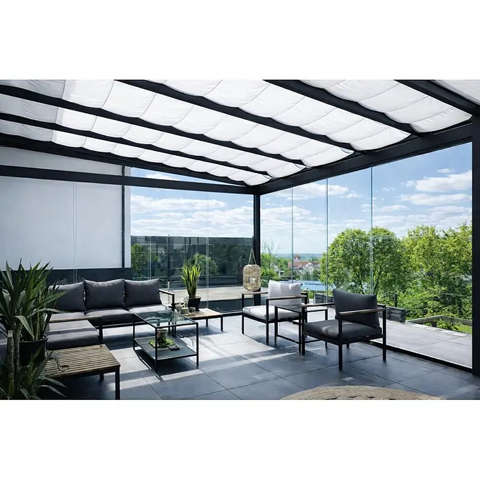 Dreku Sonnenschutz (Weiß, Farbe Gestell: Anthrazitgrau, 1 x 4 m, Passend für: Terrassenüberdachungen und Kaltwintergärten)