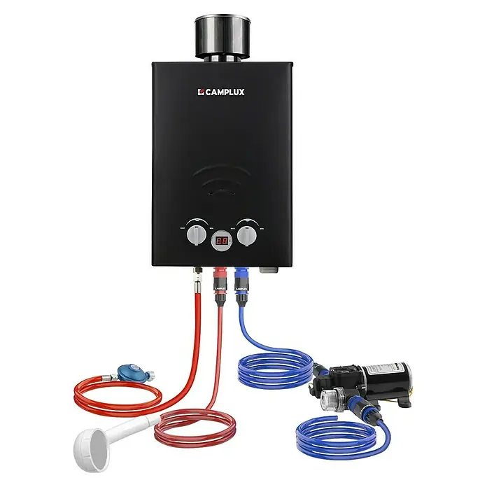 Camplux Durchlauferhitzer Outdoor Dusche BW+-Serie (6 l/min, 50 mbar, Schwarz)