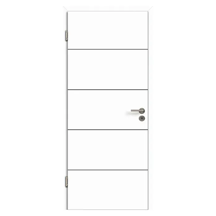 Kilsgaard Zimmertür 14/14 (860 x 1.985 mm, DIN Anschlag: Links, Weiß lackiert, ähnlich RAL 9010, Röhrenspan, Schwarze V-Fugen)
