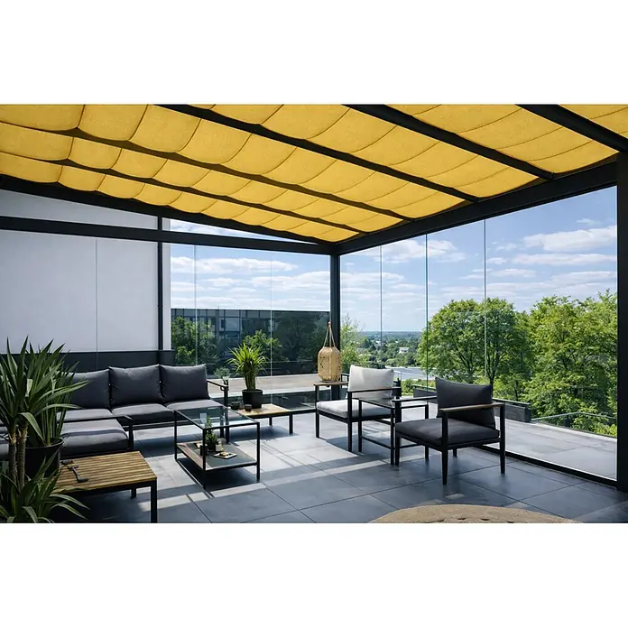 Dreku Sonnenschutz (Gelb, Farbe Gestell: Verkehrsweiß, 1 x 3 m, Passend für: Terrassenüberdachungen und Kaltwintergärten)