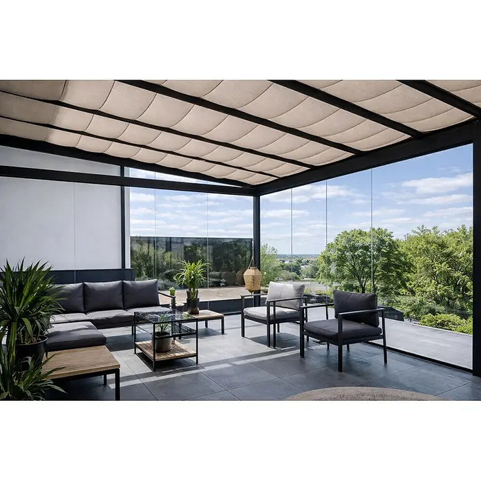 Dreku Sonnenschutz (Beige, Farbe Gestell: Verkehrsweiß, 1 x 4 m, Passend für: Terrassenüberdachungen und Kaltwintergärten)