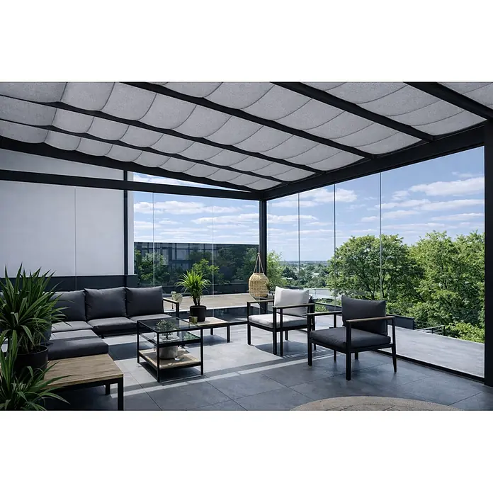 Dreku Sonnenschutz (Silber, Farbe Gestell: Verkehrsweiß, 1 x 3 m, Passend für: Terrassenüberdachungen und Kaltwintergärten)