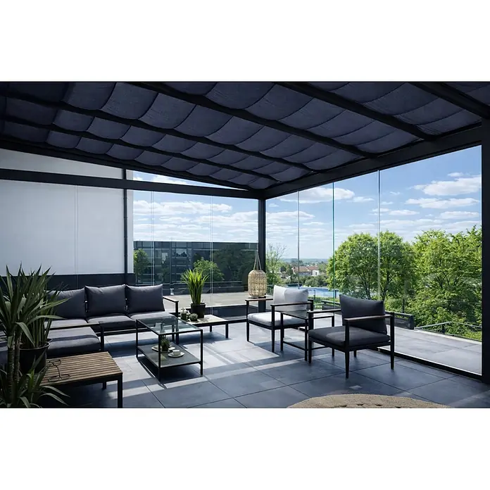 Dreku Sonnenschutz (Anthrazit, Farbe Gestell: Verkehrsweiß, 1 x 4 m, Passend für: Terrassenüberdachungen und Kaltwintergärten)
