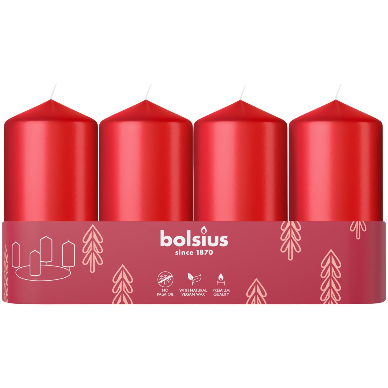 Bolsius Stumpenkerzen 4er Tray Ø 4,8 x 10 cm zartes rot