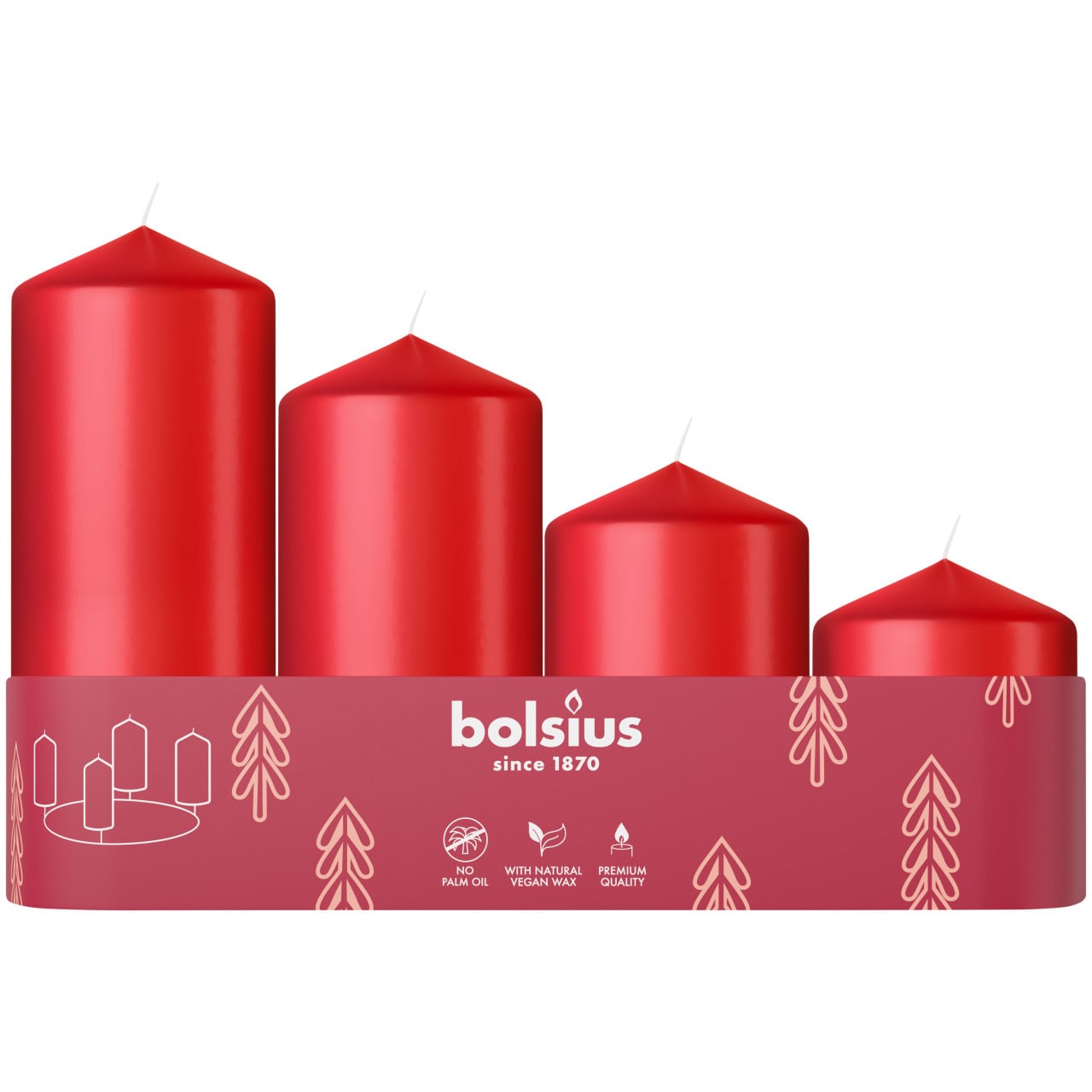 Bolsius Stumpenkerzen 4er Tray abgestuft Ø 4,8 cm zartes rot