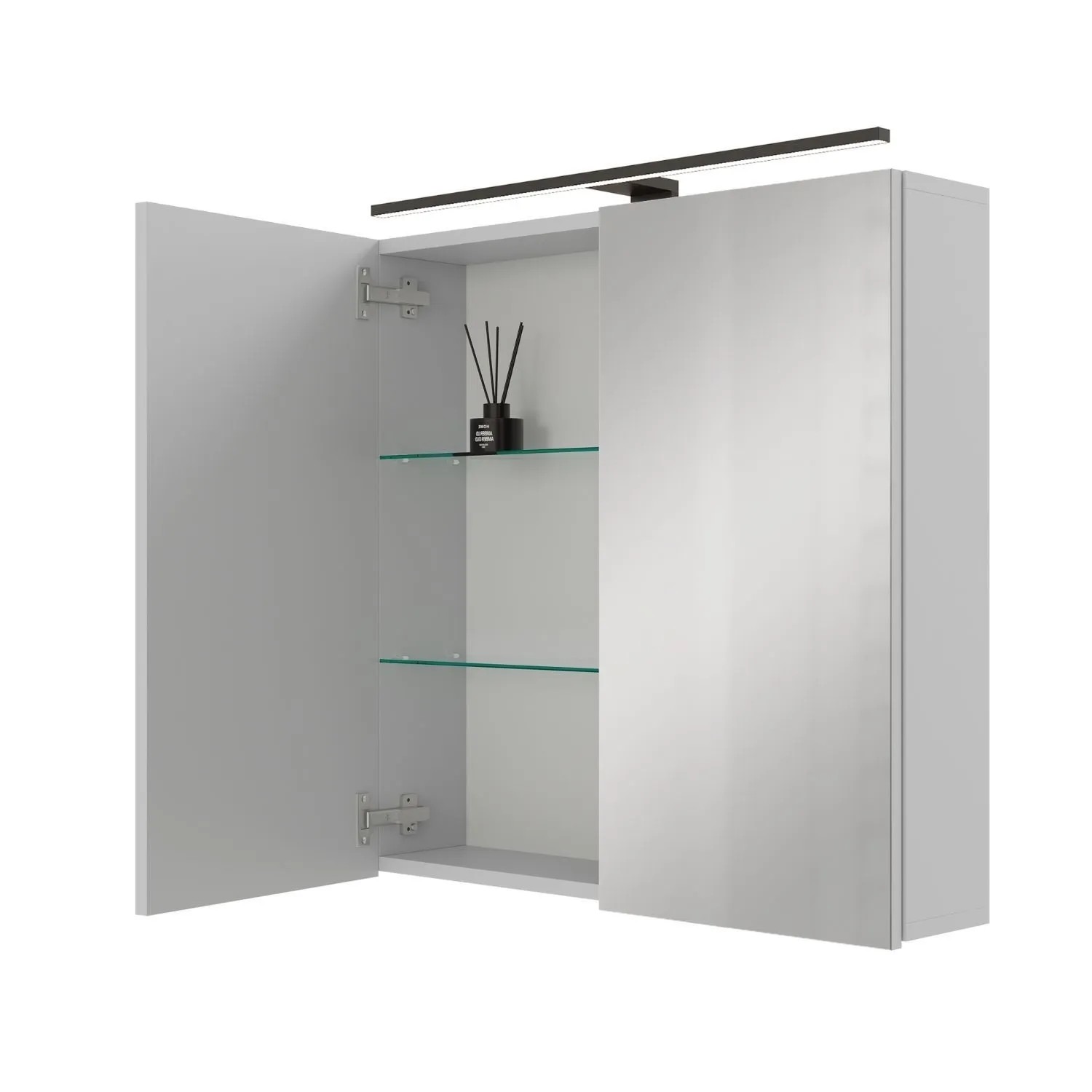 Planetmöbel ARIA Spiegelschrank 70 cm Weiß Grau mit LED Leuchte Schwarz Steckdosenbox 230 V