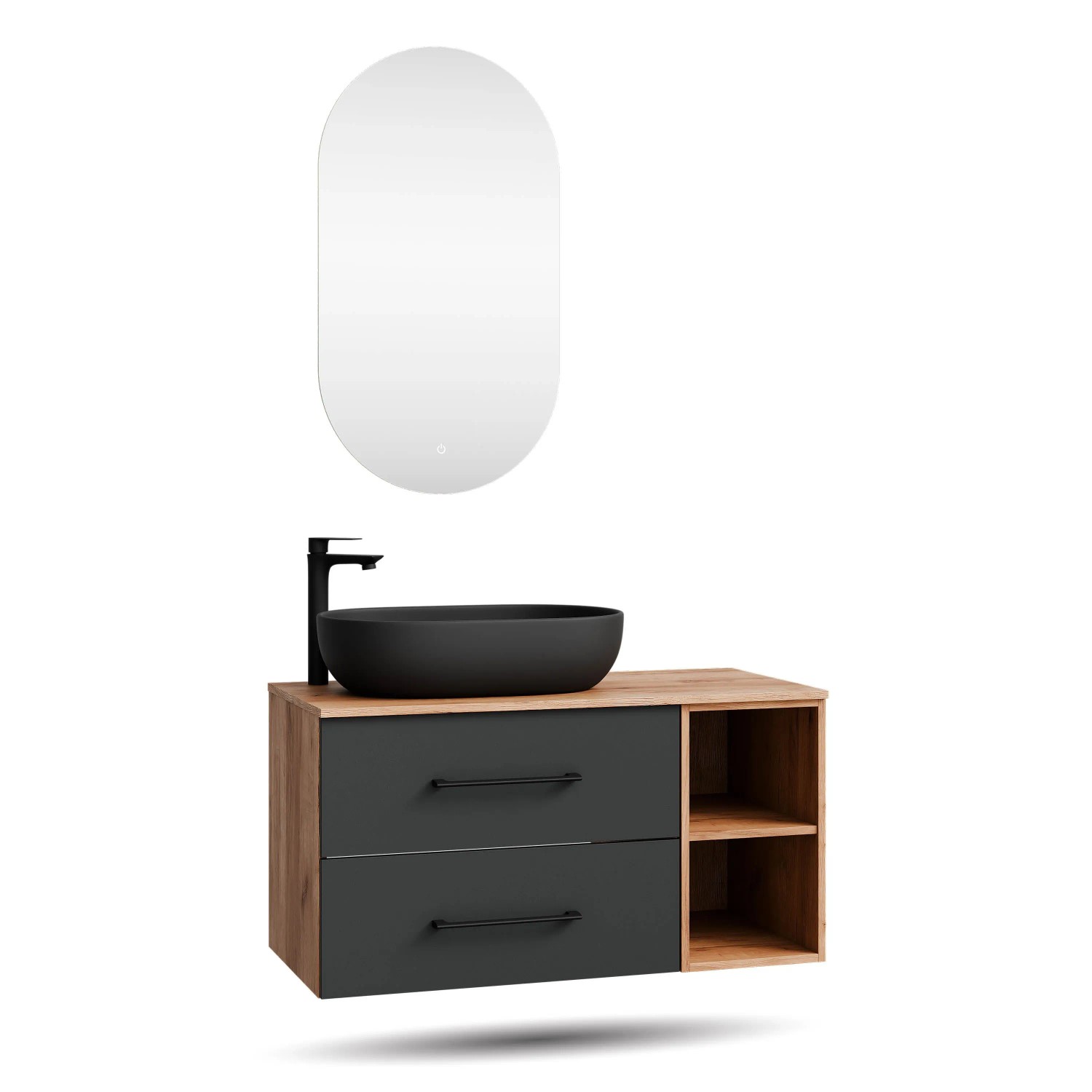 Planetmöbel LUX Badmöbel Set 100 cm mit Aufsatzwaschbecken 60 cm Schwarz LED Spiegel Soft Close