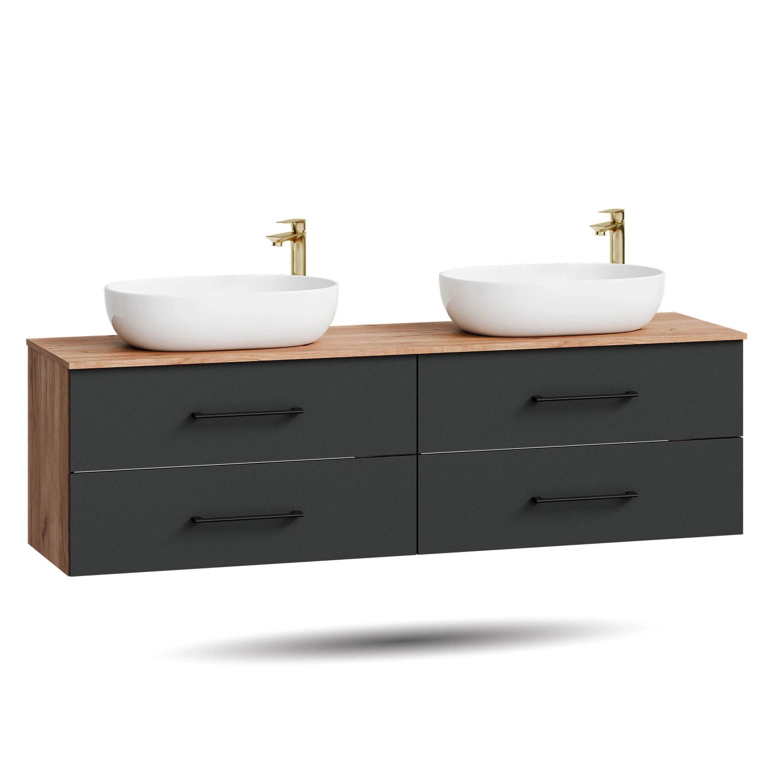Planetmöbel LUX Doppelwaschtisch 180 cm mit 2 Aufsatzwaschbecken 60 cm Weiß Soft Close