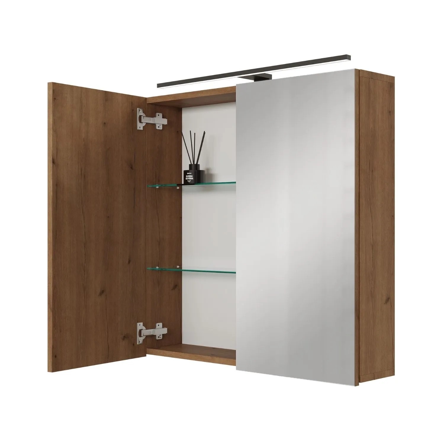 Planetmöbel ARIA Spiegelschrank 70 cm Gold Eiche mit LED Leuchte Schwarz Steckdosenbox 230 V
