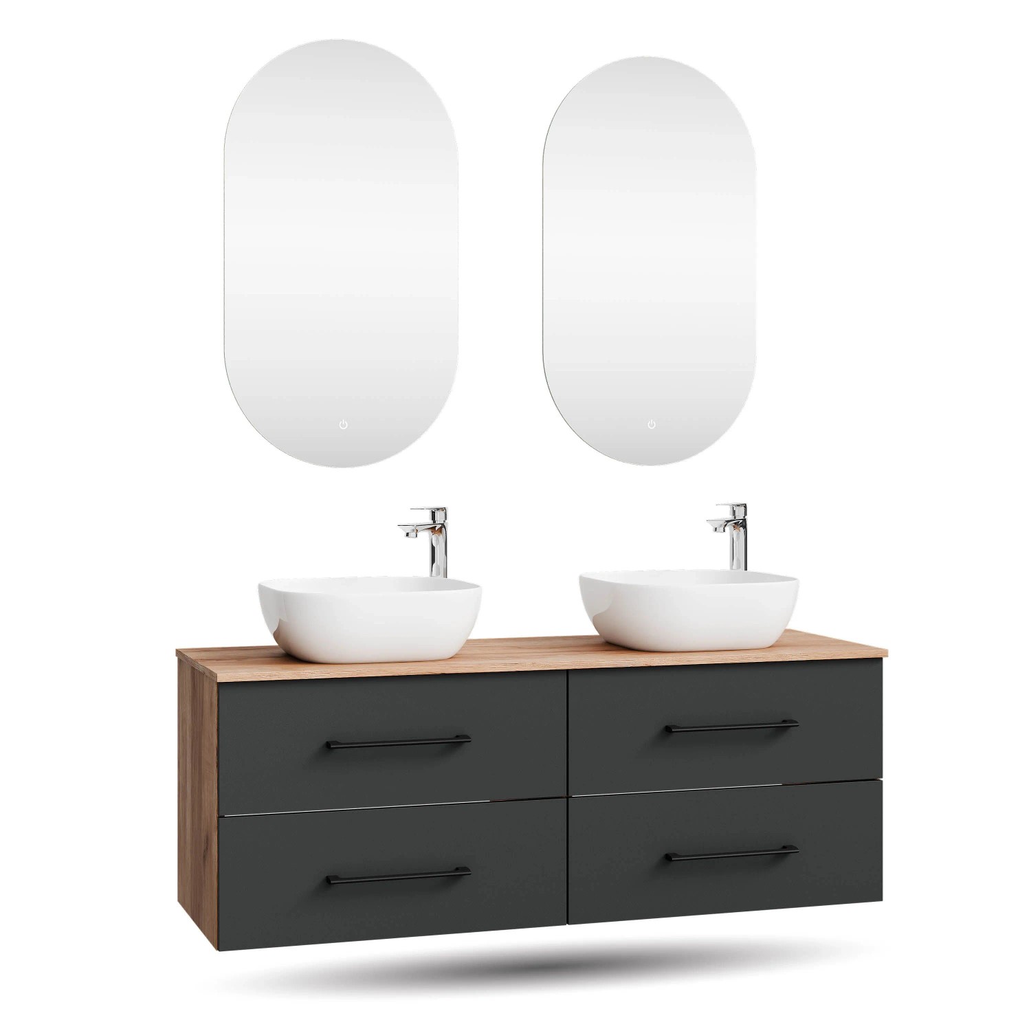 Planetmöbel LUX Doppelwaschtisch 140 cm mit 2 Aufsatzwaschbecken 42,5 cm Weiß 2 LED Spiegel Soft Close