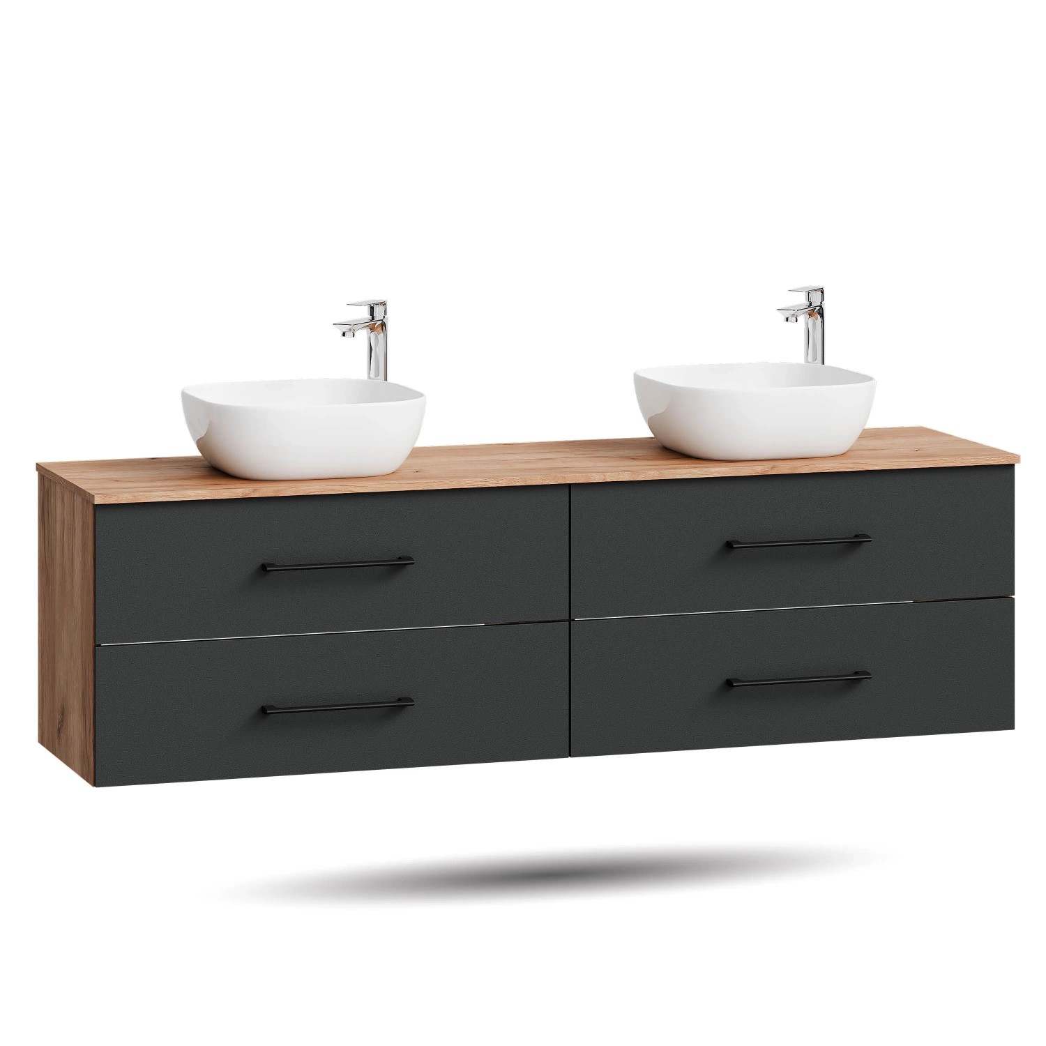 Planetmöbel LUX Doppelwaschtisch 180 cm mit 2 Aufsatzwaschbecken 42,5 cm Weiß Soft Close
