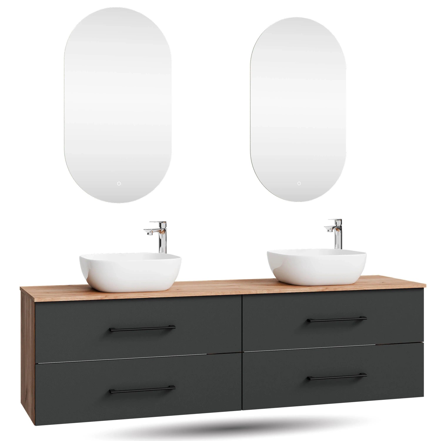Planetmöbel LUX Doppelwaschtisch 180 cm mit 2 Aufsatzwaschbecken 42,5 cm Weiß 2 LED Spiegel Soft Close