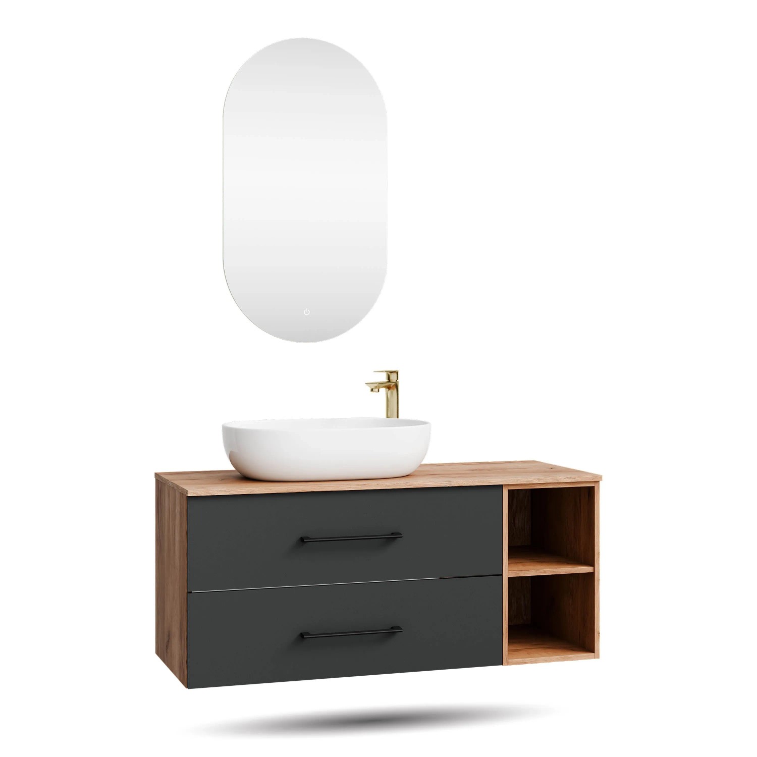 Planetmöbel LUX Badmöbel Set 120 cm mit Aufsatzwaschbecken 60 cm Weiß LED Spiegel Soft Close