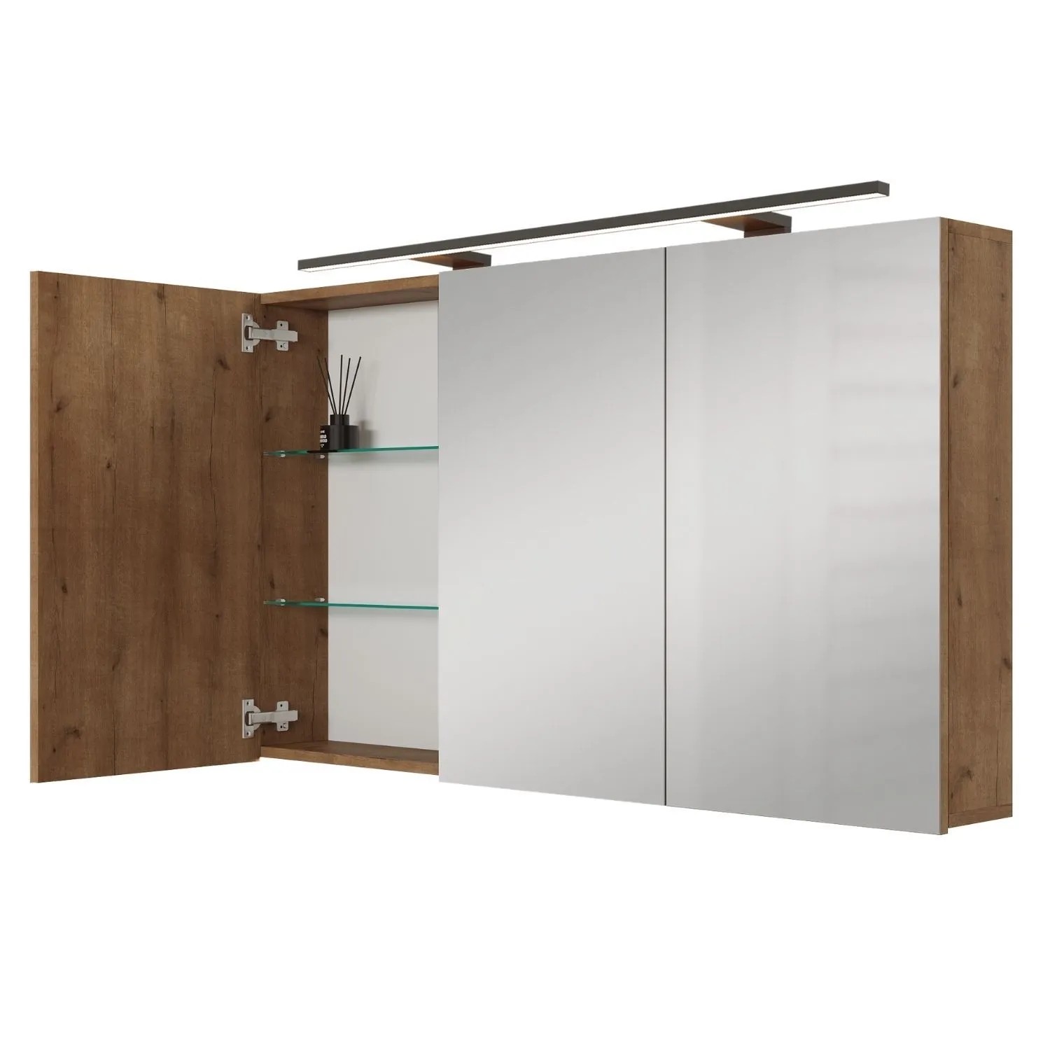 Planetmöbel ARIA Spiegelschrank 120 cm Gold Eiche mit LED Leuchte Schwarz Steckdosenbox 230 V