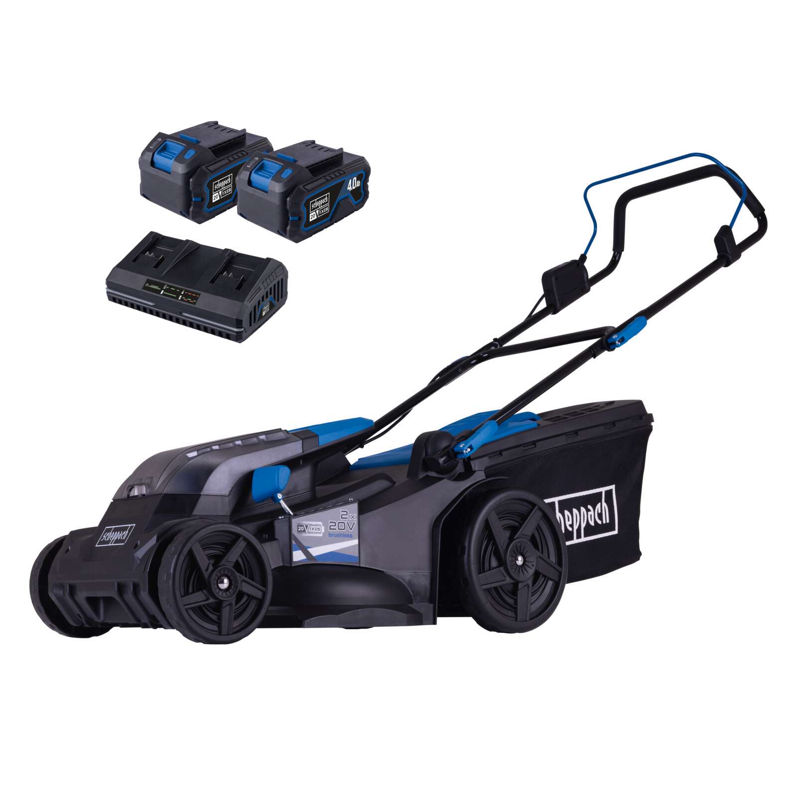 Akku-Rasenmäher BC-MP430-X Scheppach | 43cm Schnittbreite | für 600-700 m2 | 50L Korb | inkl. 2x 4Ah Akku + 4,5A Doppelladegerät
