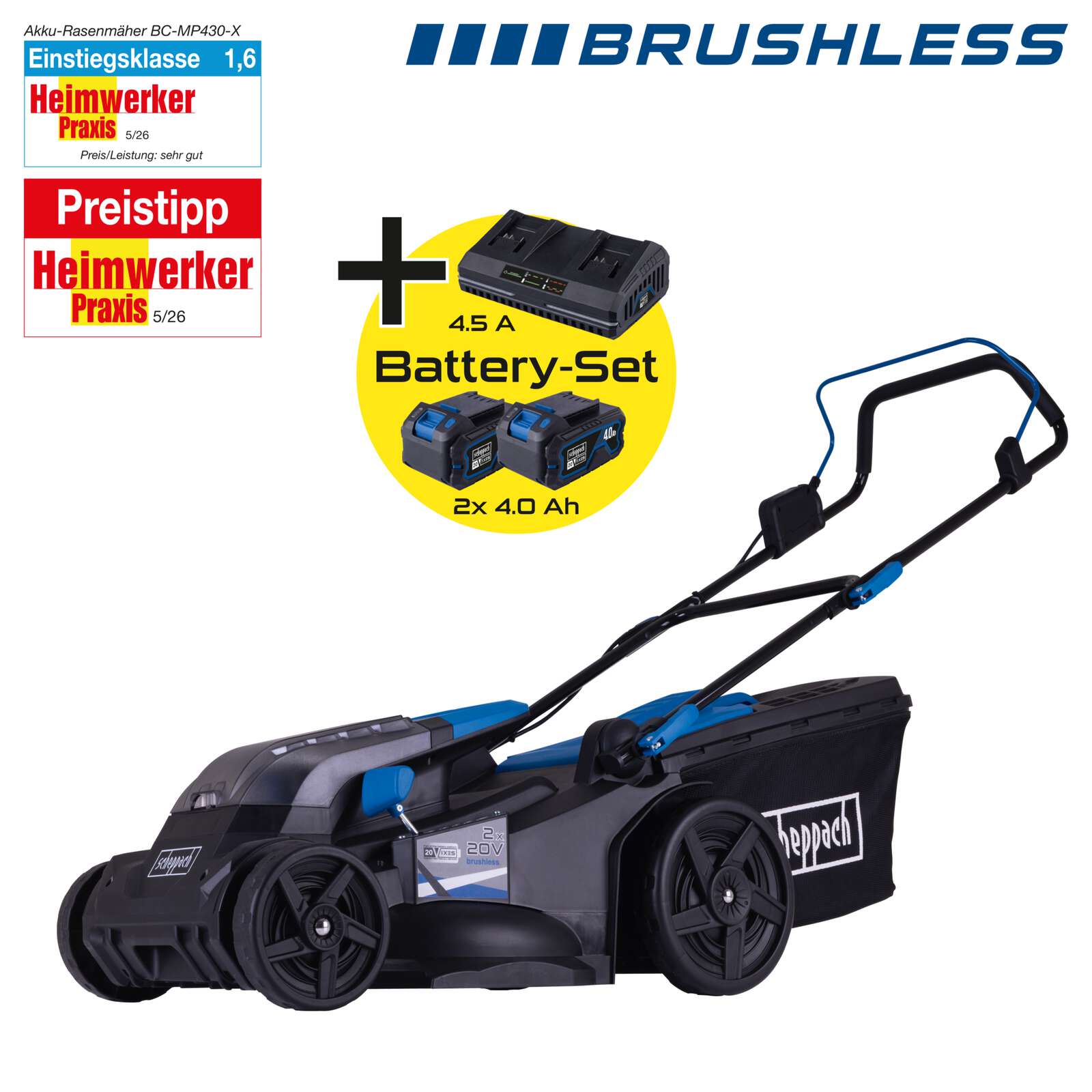 Akku-Rasenmäher BC-MP430-X Scheppach | 43cm Schnittbreite | für 600-700 m2 | 50L Korb | inkl. 2x 4Ah Akku + 4,5A Doppelladegerät Bild 3