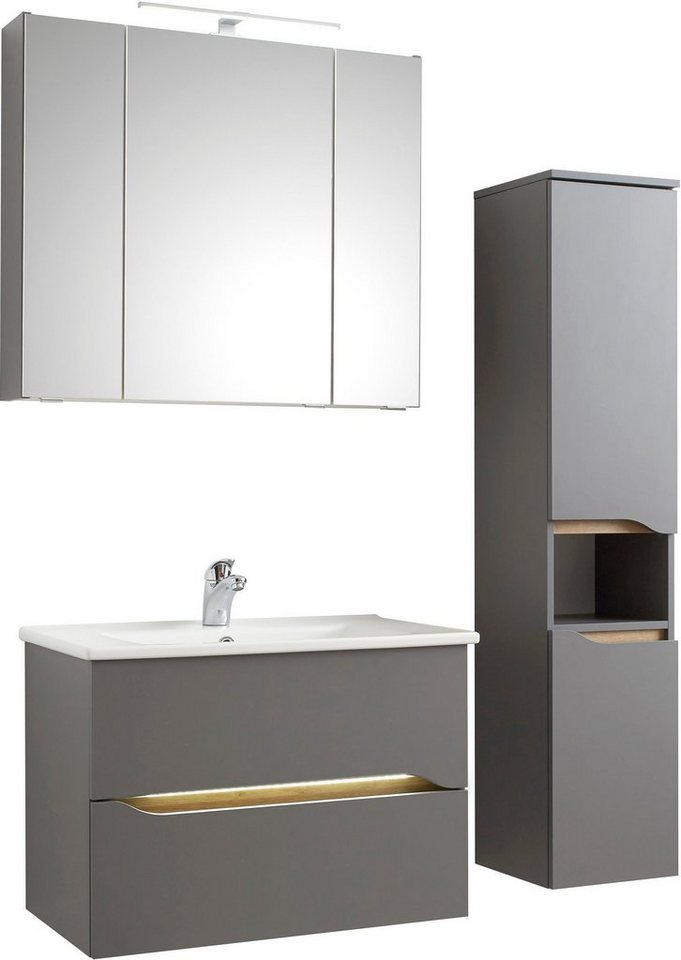 Saphir Badmöbel-Set Quickset 3-teilig, Keramik-Waschtisch und LED-Spiegelschrank, (5-St), mit Midischrank, 2 Türen, 1 Nische, 2 Schubladen, inkl. Türdämpfer