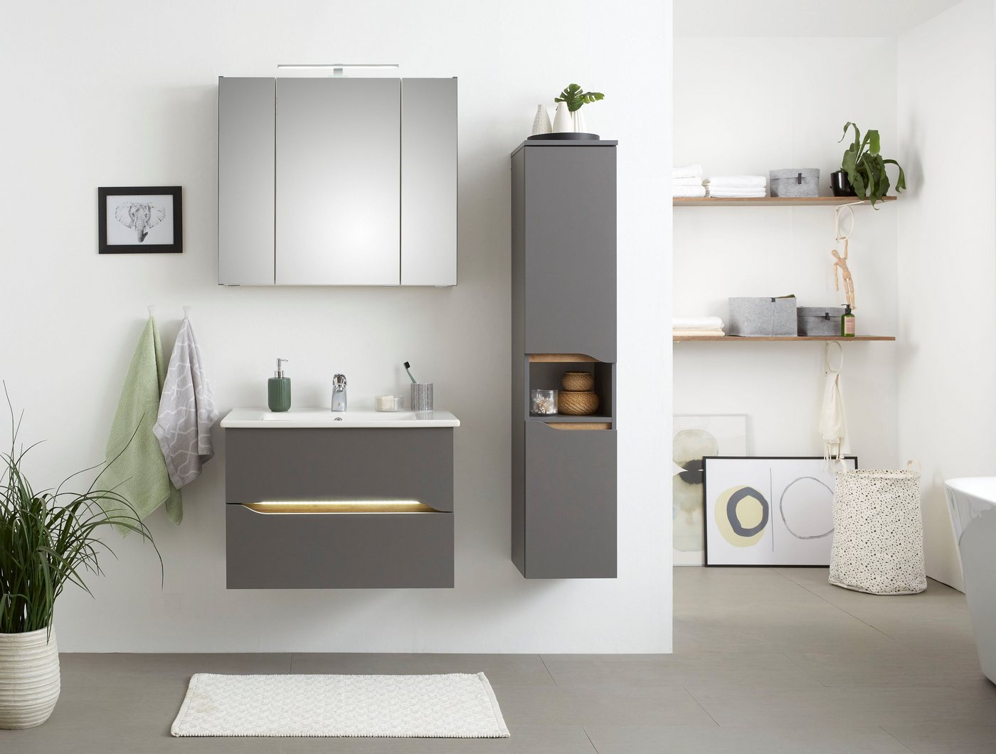 Saphir Badmöbel-Set Quickset 3-teilig, Keramik-Waschtisch und LED-Spiegelschrank, (5-St), mit Midischrank, 2 Türen, 1 Nische, 2 Schubladen, inkl. Türdämpfer Bild 2