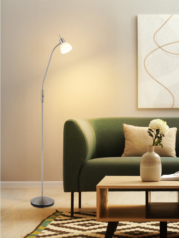 NOWA Stehlampe MALTE, Leuchtmittel wechselbar, Warmweiß, Stehleuchte Nickel matt mit Glas opal, E14 LED 5W, Flexo Bild 2