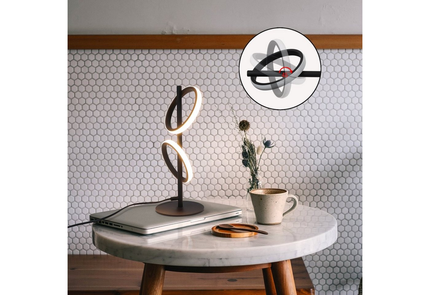 ZMH LED Tischleuchte Schwarz/Weiß Wohnzimmer Modern Ringform Drehbar Schreibtischlampe, Abnehmbar, LED fest integriert, Warmweiß 3000K, Warmweiß 3000K Bild 3