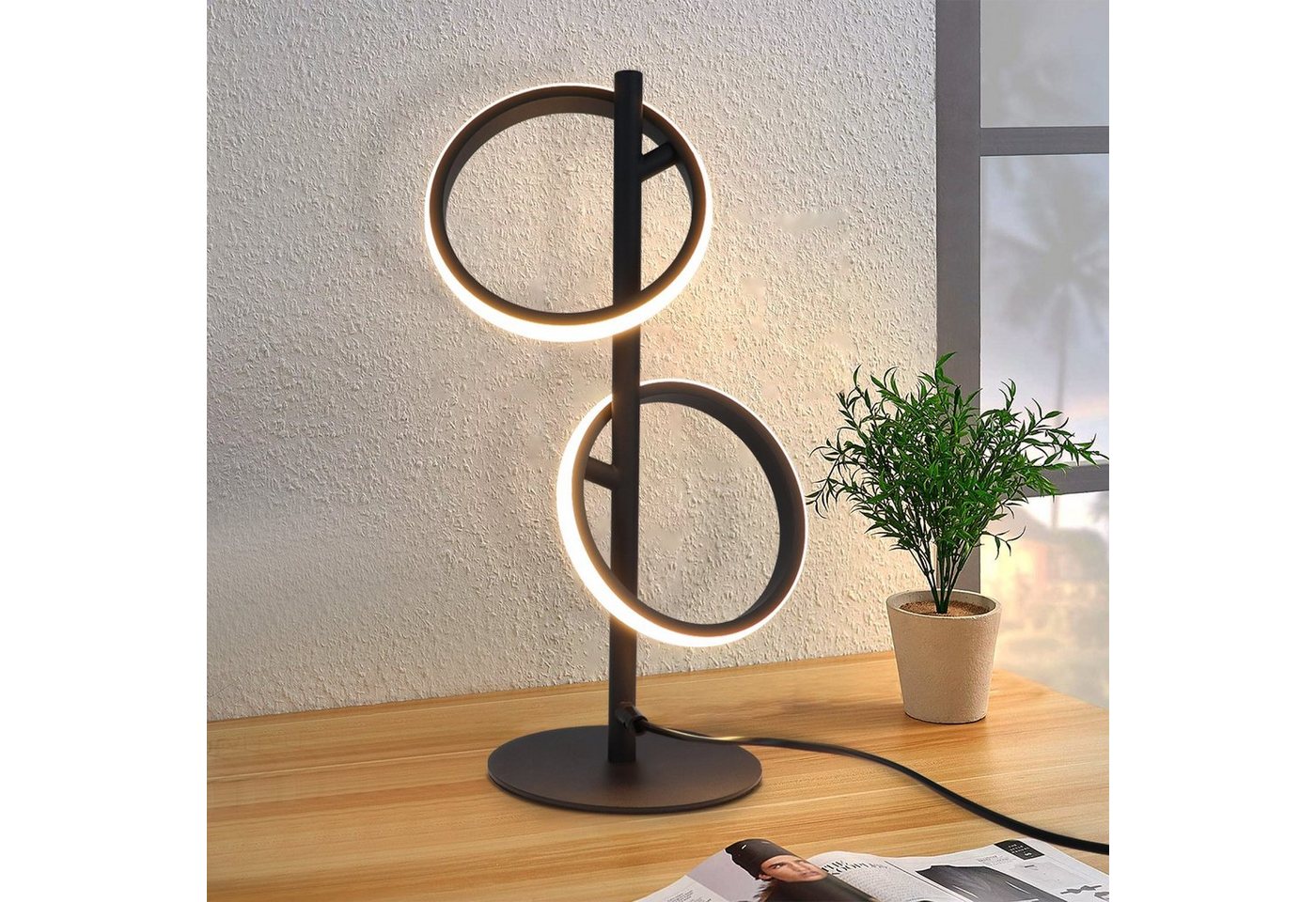 ZMH LED Tischleuchte Schwarz/Weiß Wohnzimmer Modern Ringform Drehbar Schreibtischlampe, Abnehmbar, LED fest integriert, Warmweiß 3000K, Warmweiß 3000K Bild 5