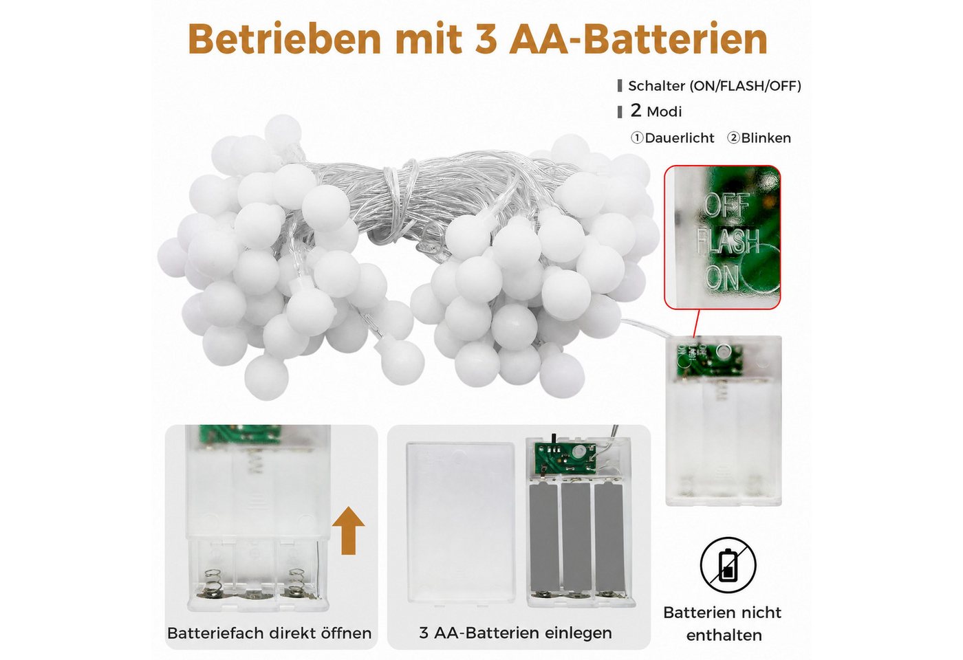 LOHAS-LED Lichterkette 40-LED-Kugel-Stimmungslicht für Feste & Balkon, 40-flammig, 4,1 m /später 4,3 m, Batterie & USB, RGB, IP65 wasserdicht Bild 2