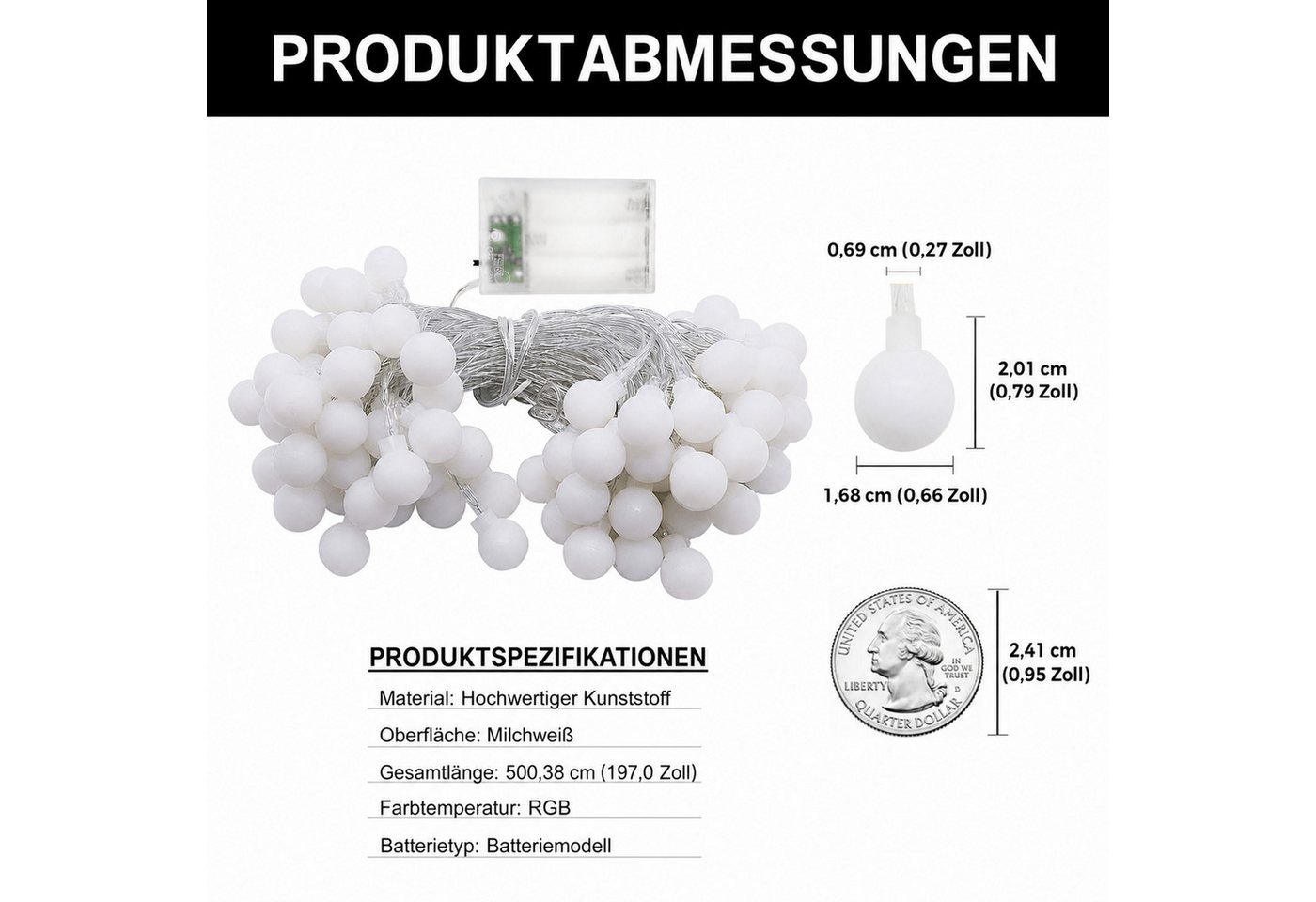 LOHAS-LED Lichterkette 40-LED-Kugel-Stimmungslicht für Feste & Balkon, 40-flammig, 4,1 m /später 4,3 m, Batterie & USB, RGB, IP65 wasserdicht Bild 3