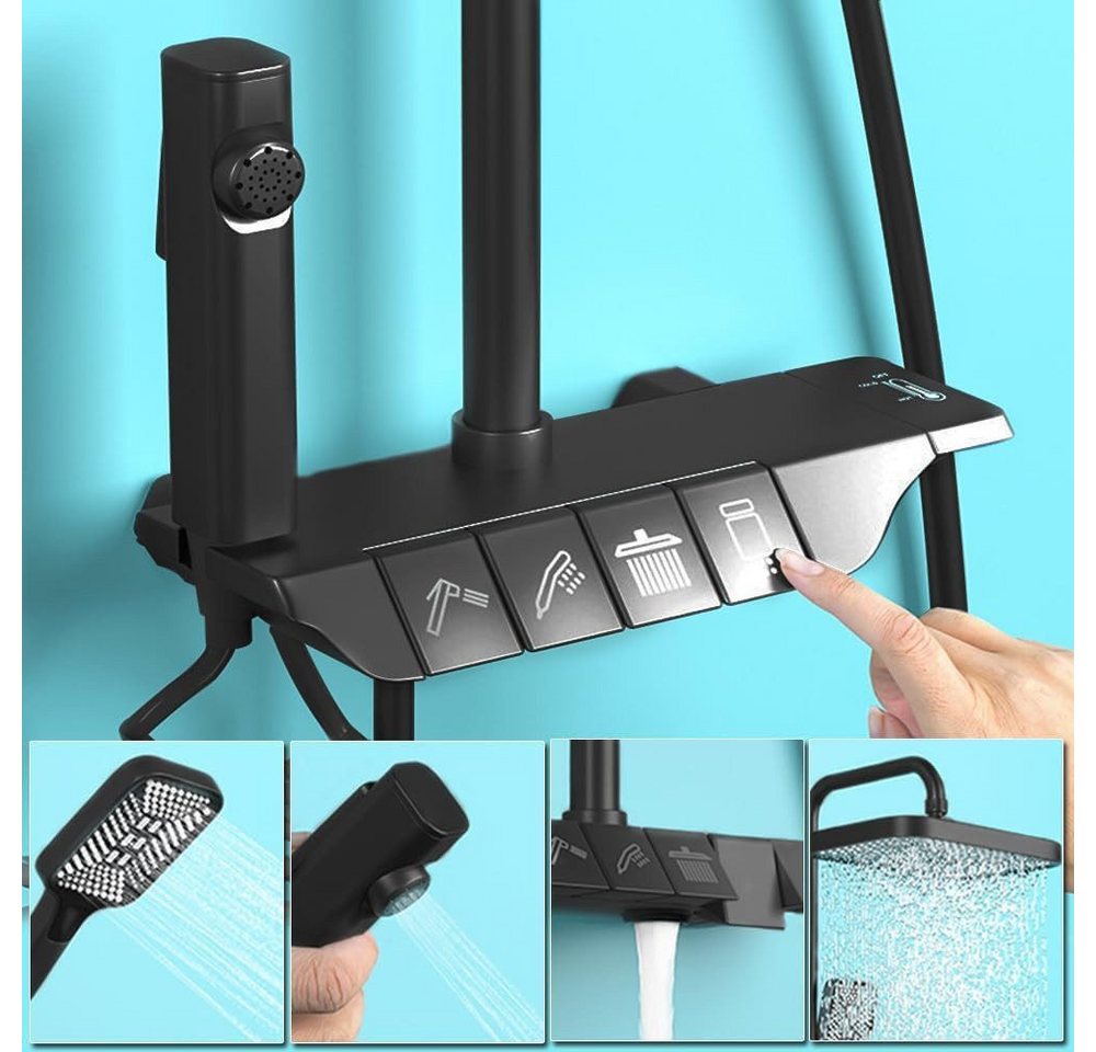 XERSEK Duschsystem Verstellbare Duschstange Duscharmatur Komplettset Duschset 86-120cm, 3 Strahlart(en), mit Armatur 30x19cm Eckiger Regendusche Kopfbrause, Brausegarnitur mit Wannenhahn, Mini-Handbrause und Metallhalter