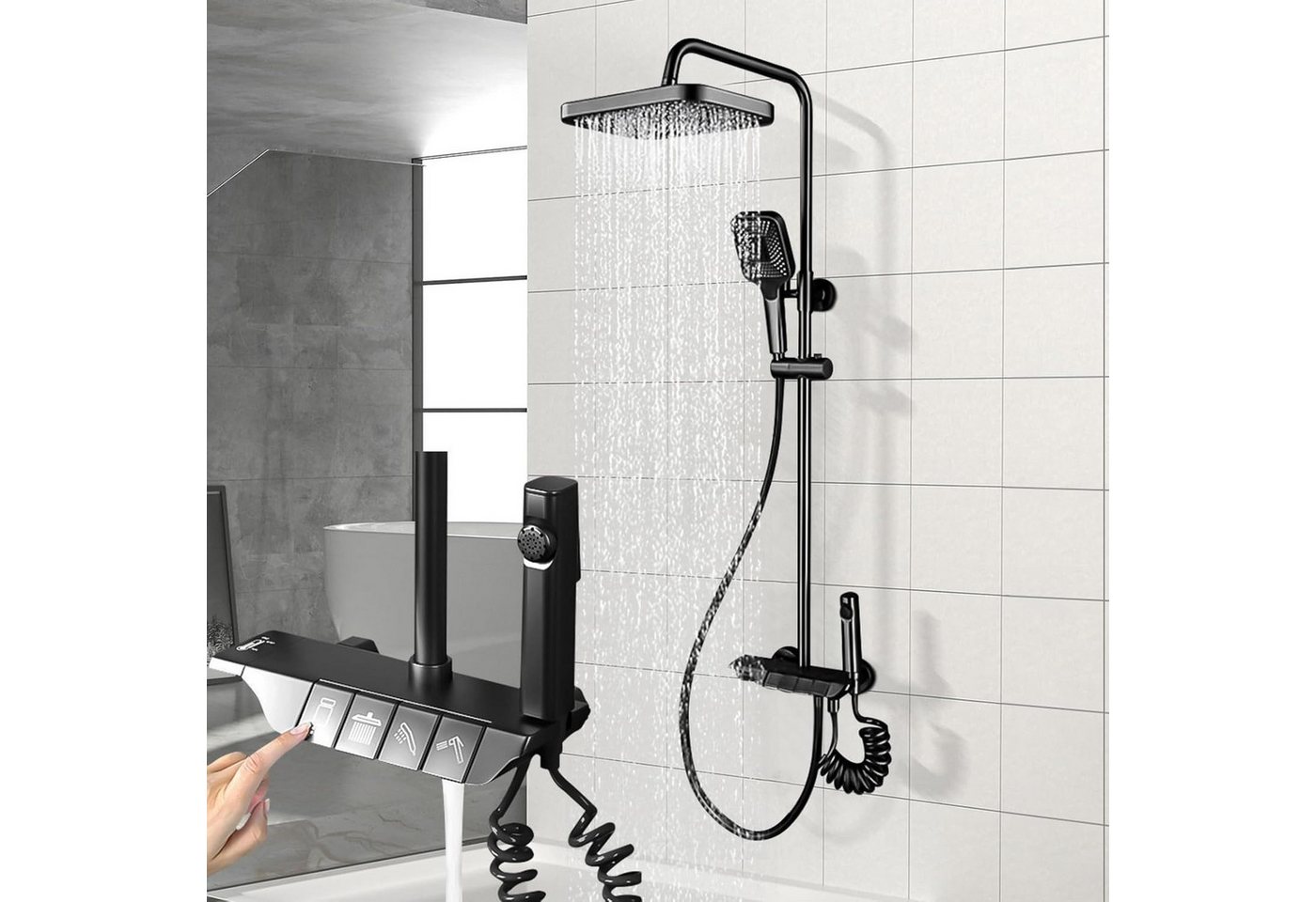 XERSEK Duschsystem Verstellbare Duschstange Duscharmatur Komplettset Duschset 86-120cm, 3 Strahlart(en), mit Armatur 30x19cm Eckiger Regendusche Kopfbrause, Brausegarnitur mit Wannenhahn, Mini-Handbrause und Metallhalter Bild 2